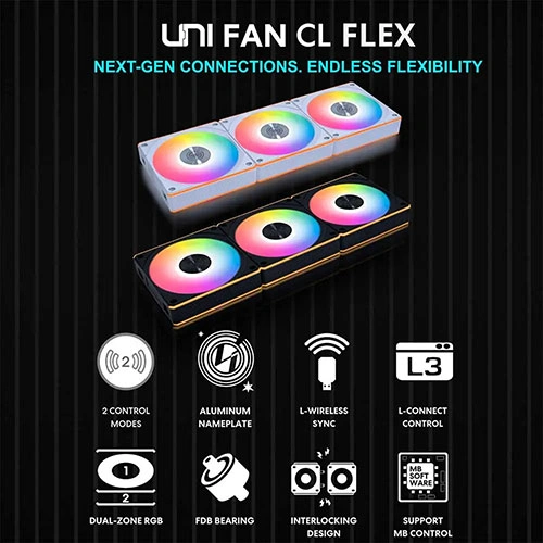 Lian Li UNI Fan CL Flex Wireless ARGB White 120mm Reverse Blade Triple Pack Cabinet Fan